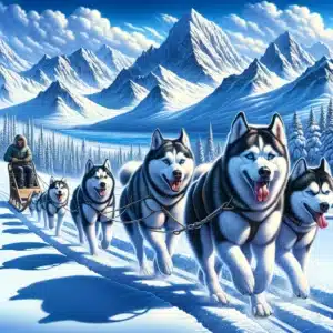 stunning illustration of multiple sled dogs in the mountains.