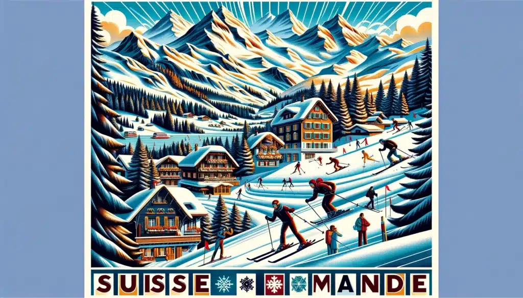 poster-promoting-skiing-in-the-Suisse-Romande.-The-scene-features-snow-covered-peaks-picturesque-ski-slopes-and-skiers-in-action