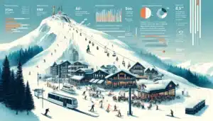 An illustration for an article about the French ski industry. The scene features a snowy mountain with skiers descending the slopes