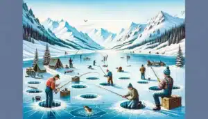 llustration of ice fishing in France, showing a serene frozen lake with a few people ice fishing through small holes