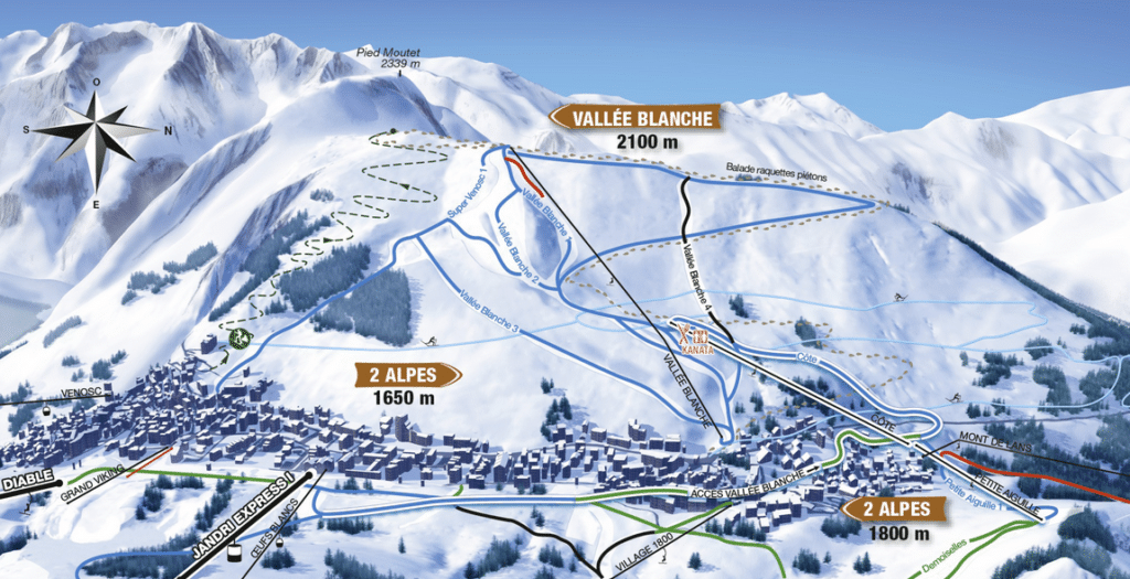 Les 2 Alpes - plan des pistes vallée blanche