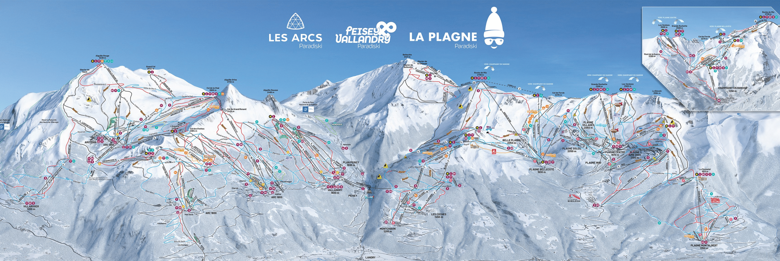 Paradiski - Les Arcs & La Plagne - Plan des pistes de ski