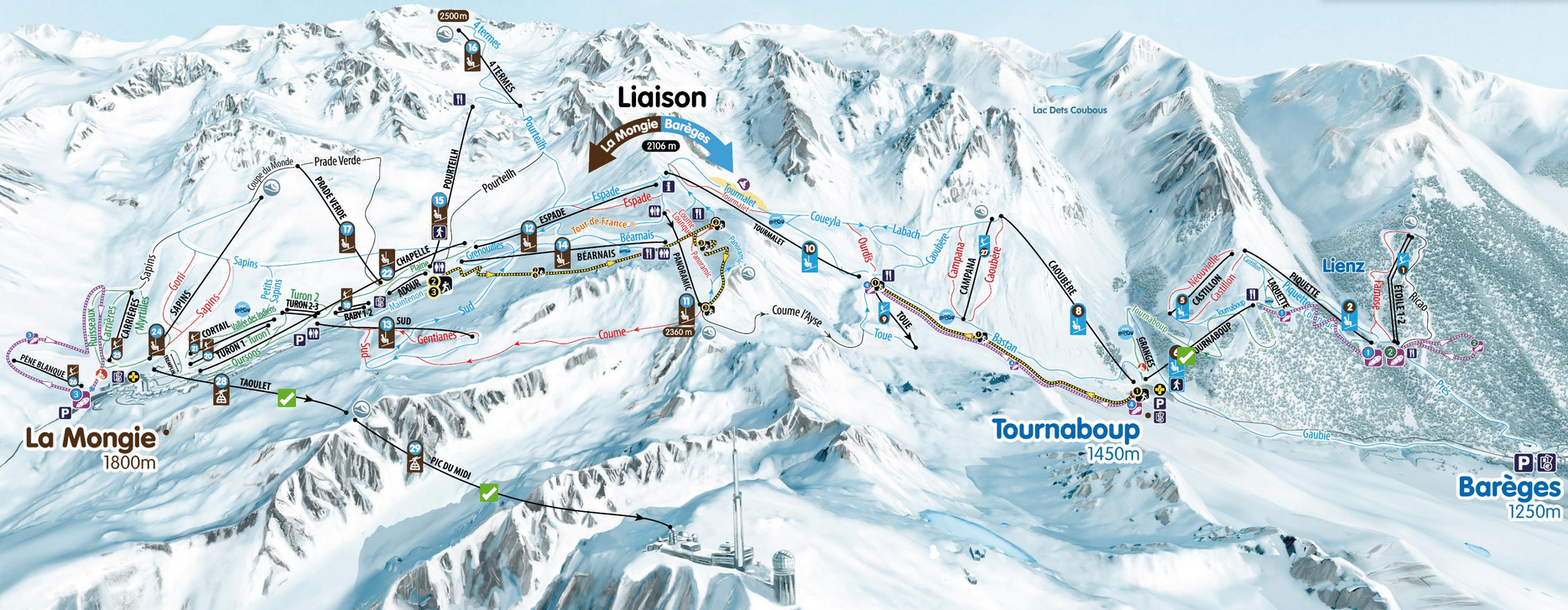 map of the slopes la mongie tourmalet