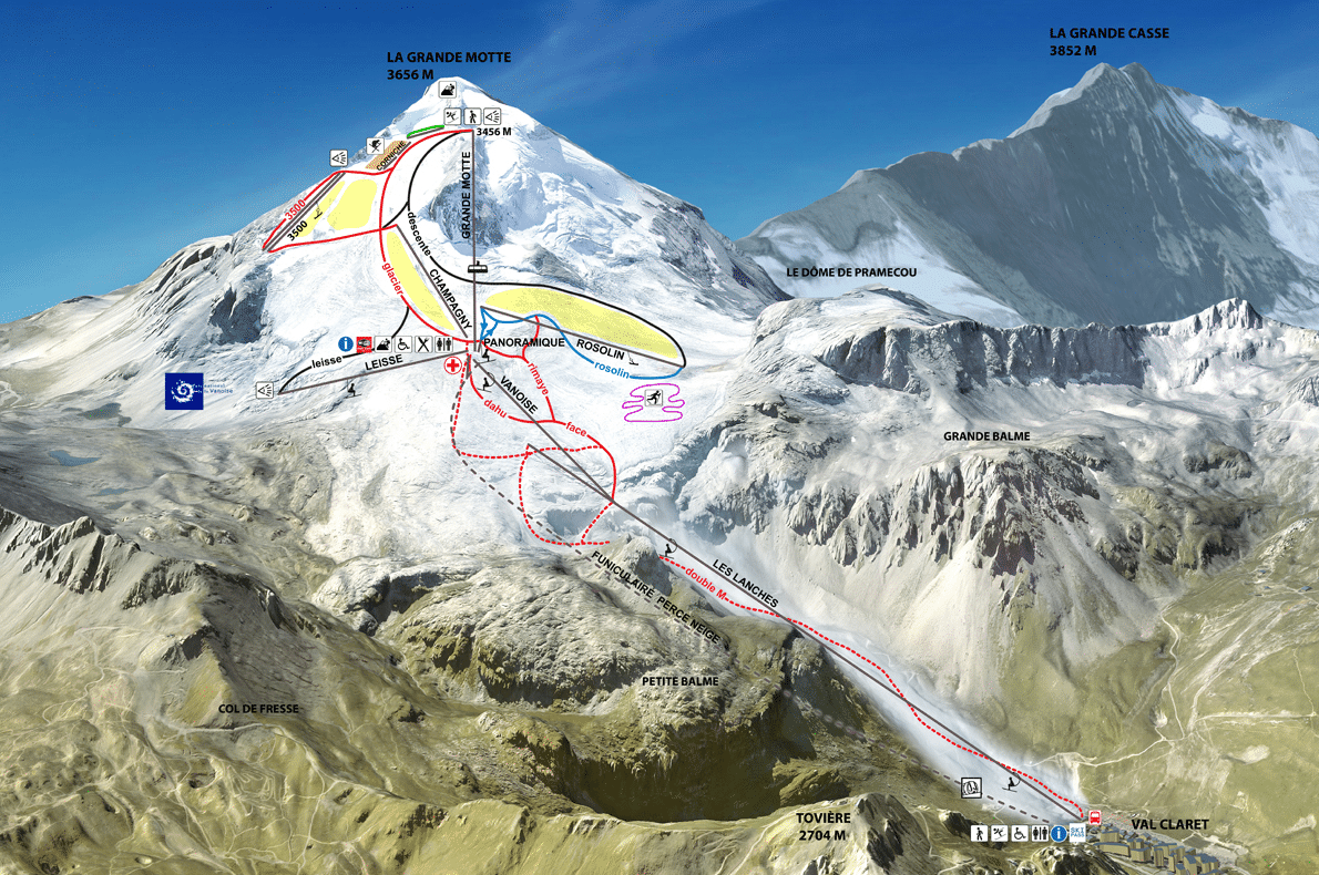Plan des pistes de ski sur le glacier de Tignes